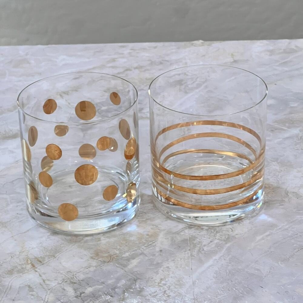 Set of Two Drinking Gl Set of Two Drinking Glasses 4" Gold Polka Dot and Striped
